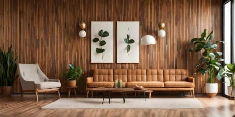 A living room with a full-height wood slat wall